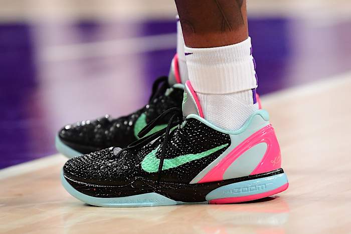 Los Angeles Lakers guard Malik Monk wears the Nike Kobe 6 Protro against the Denver Nuggets on April 3, 2022.